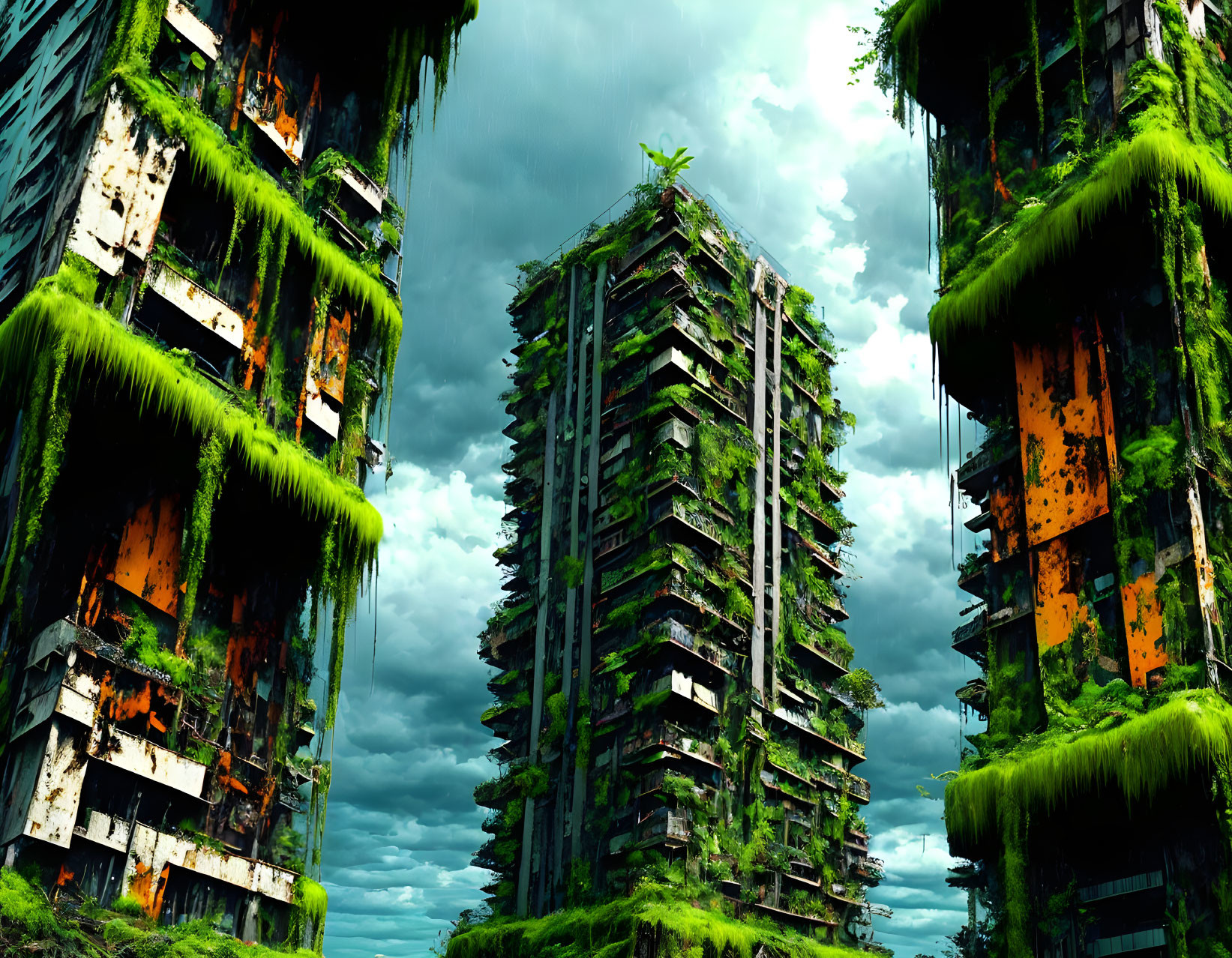 Abandoned skyscrapers reclaimed by nature under stormy sky