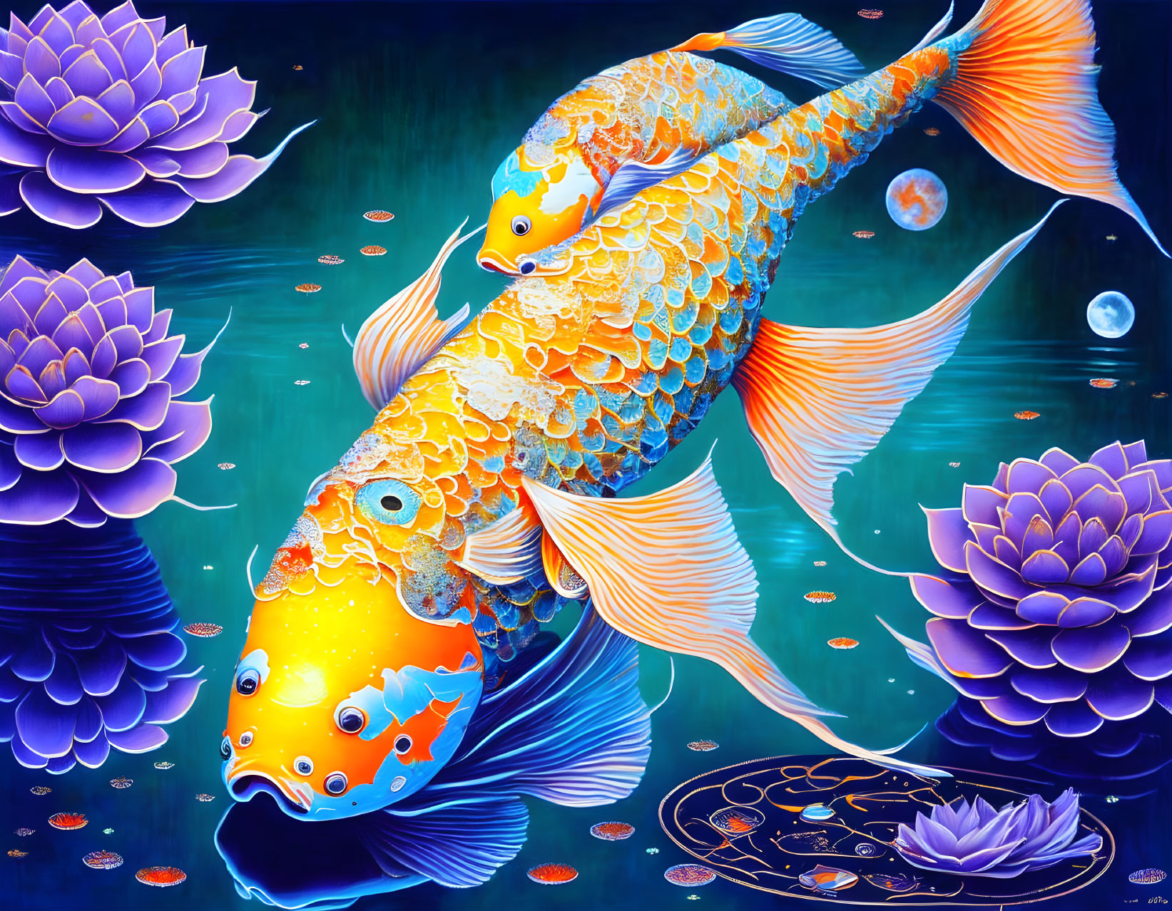 Vibrant koi fish among purple lotus flowers in blue water scene.