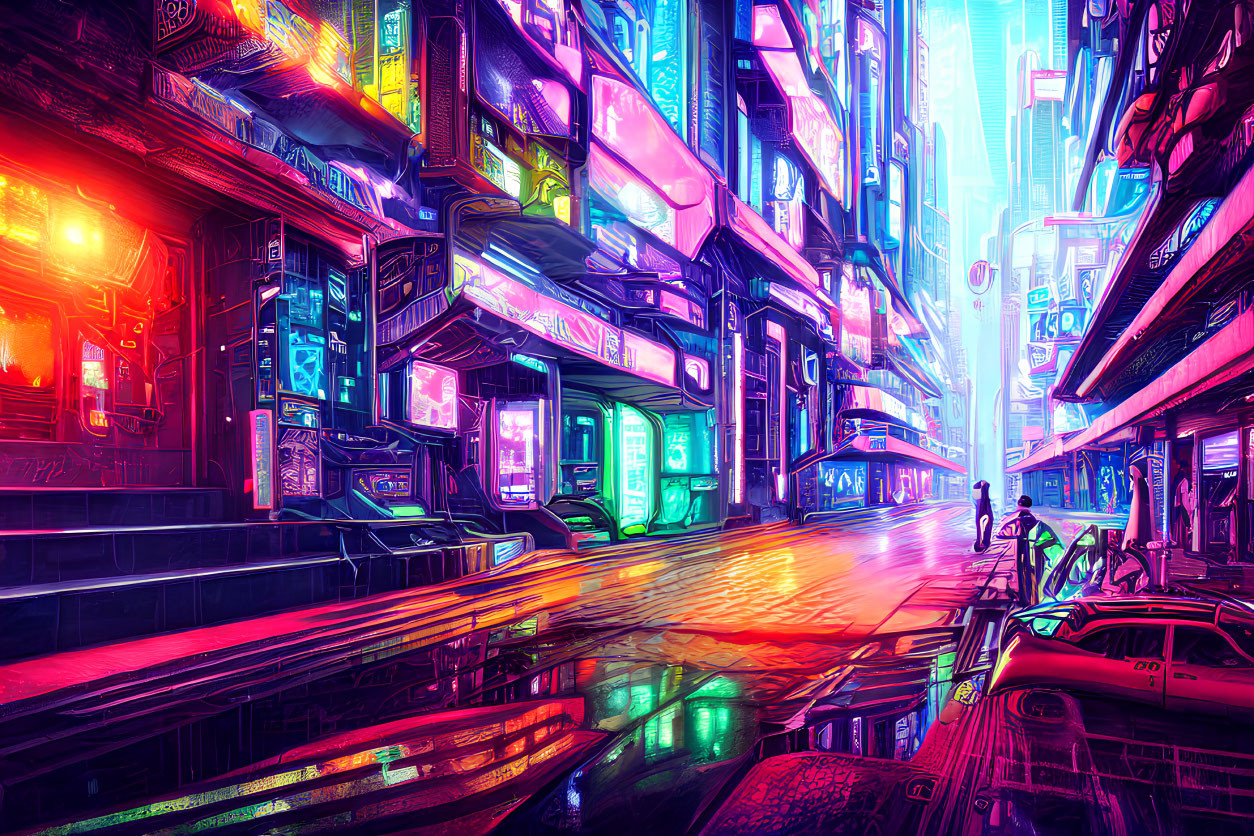 Futuristic cyberpunk cityscape with neon signs and reflections at dusk