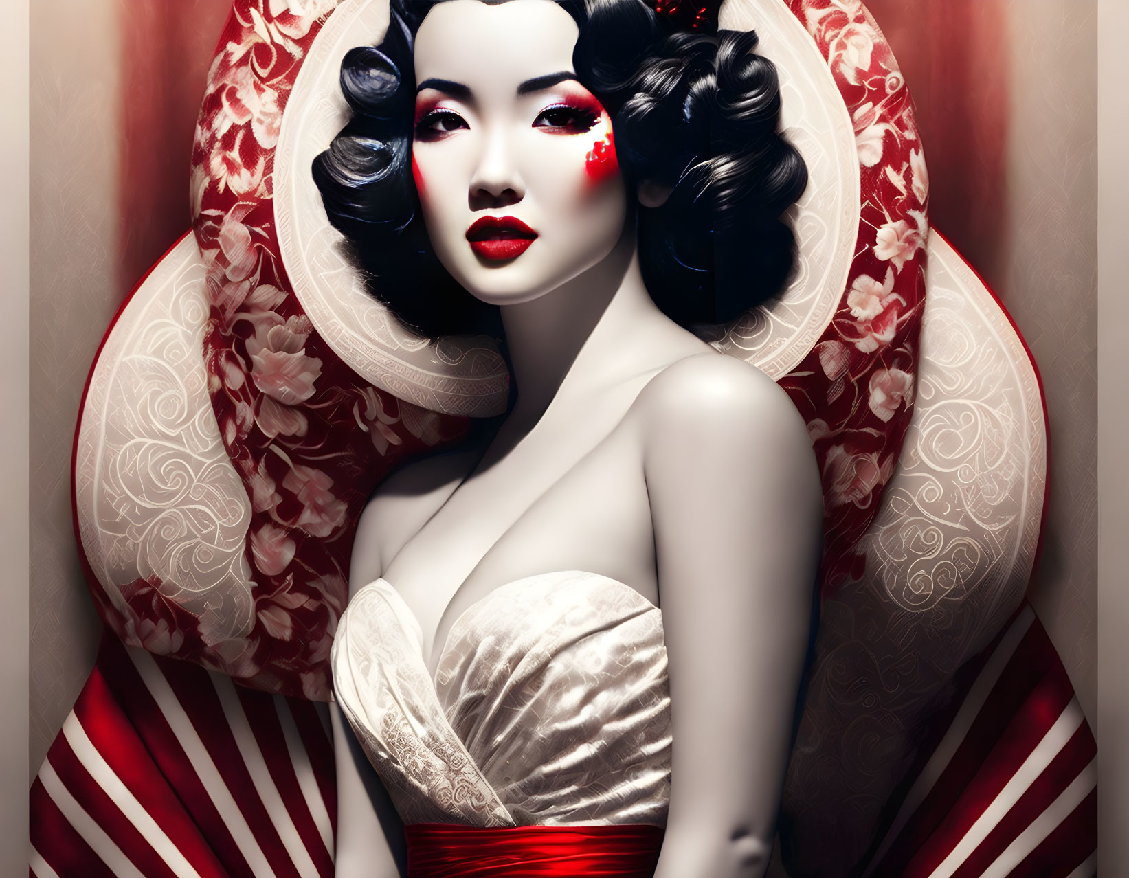 Stylized portrait of a woman with black and white hair, red and white makeup, in traditional