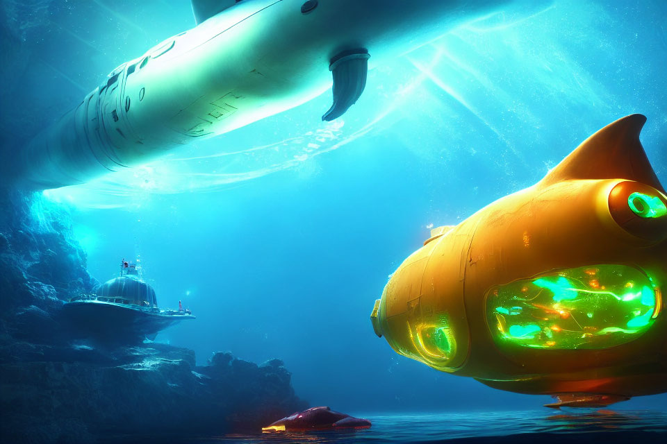 Vibrant futuristic submarines in fantastical underwater scene