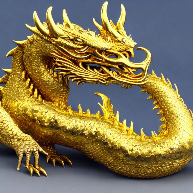 Golden Dragon Sculpture with Detailed Scales and Horns on Blue Background