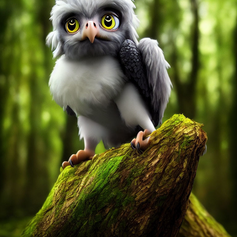 Gray owl perched on tree branch in lush forest