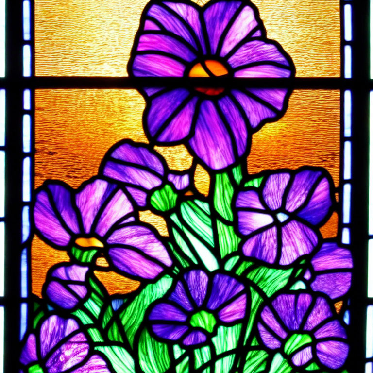 Vibrant purple flowers in stained glass window