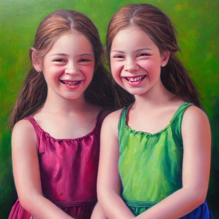 Two Smiling Girls in Colorful Dresses Against Green Background