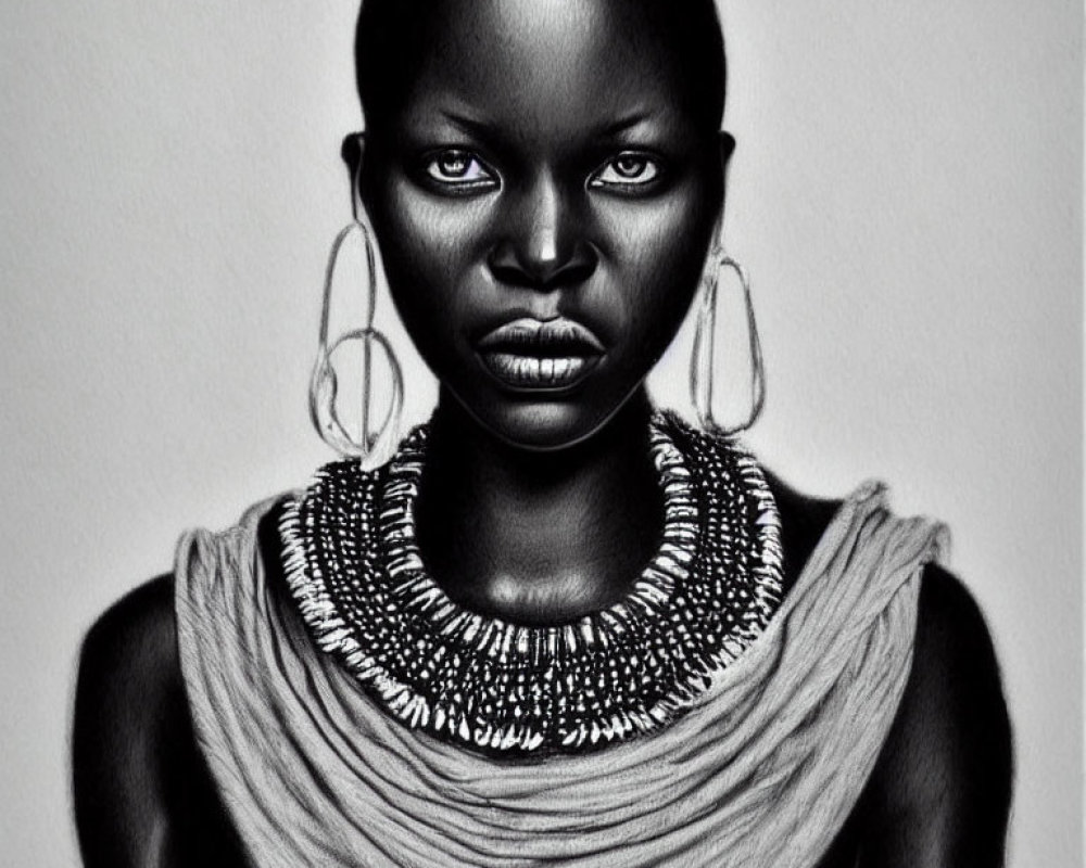 Monochromatic portrait of woman with striking eyes and hoop earrings