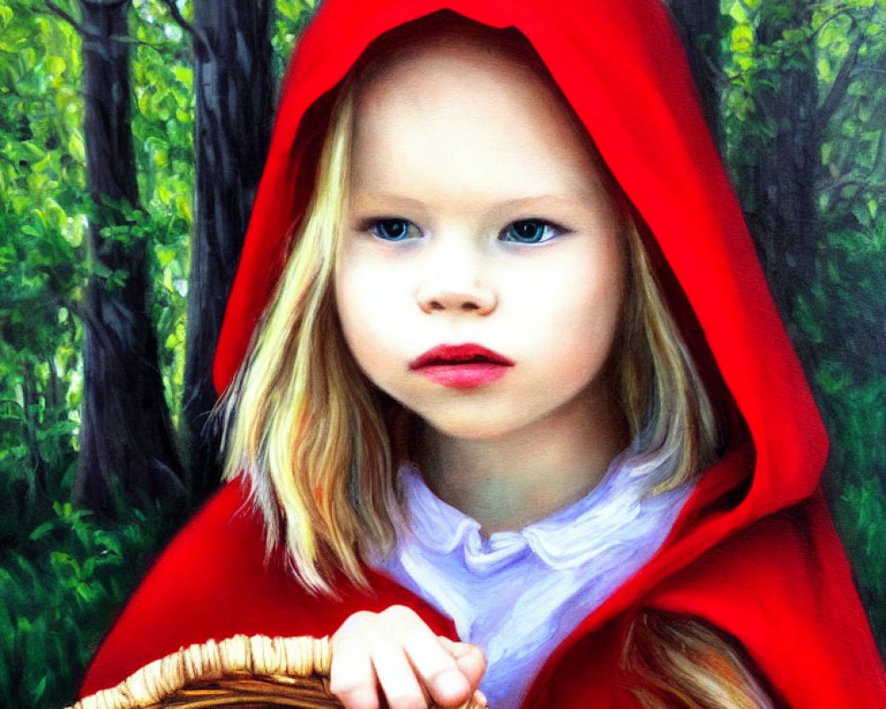 Young girl in red hooded cloak with wicker basket in green forest.