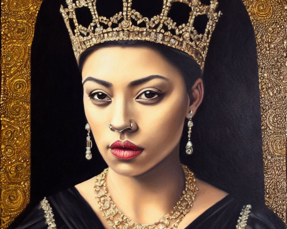 Portrait of Woman in Crown and Black Outfit on Golden Background