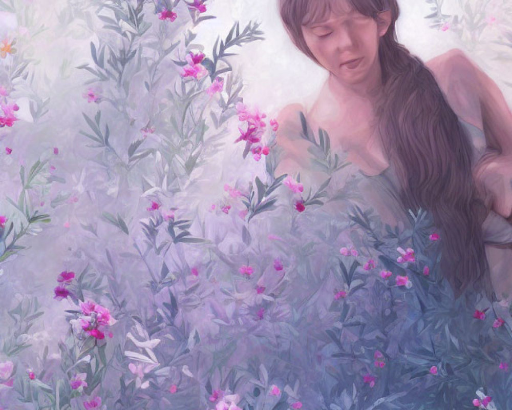 Long-haired woman in serene floral landscape with pink and purple flowers