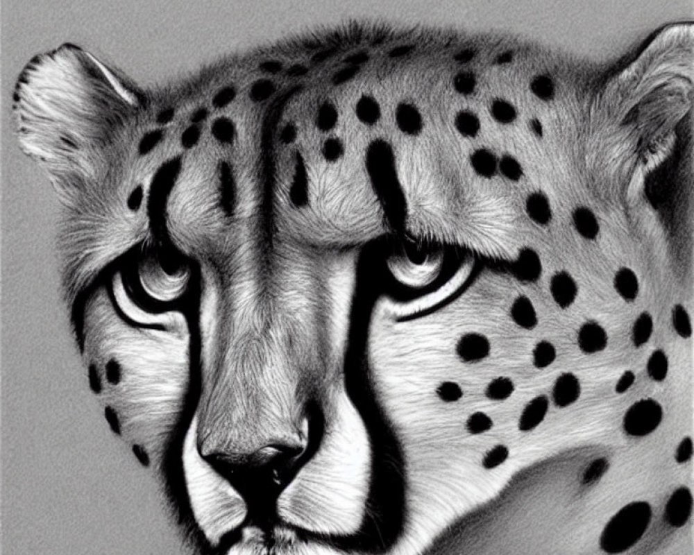 Detailed black and white cheetah head sketch with intense eyes and spotted fur.