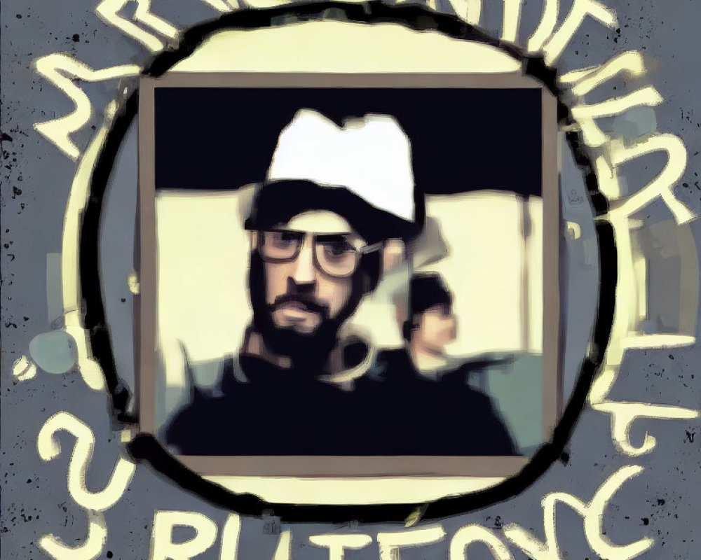 Bearded person in glasses and beanie with circular border.