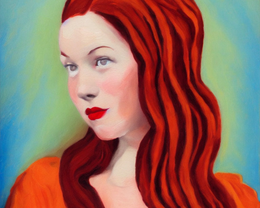 Portrait of Woman with Red Hair and Lipstick on Blue and Yellow Background