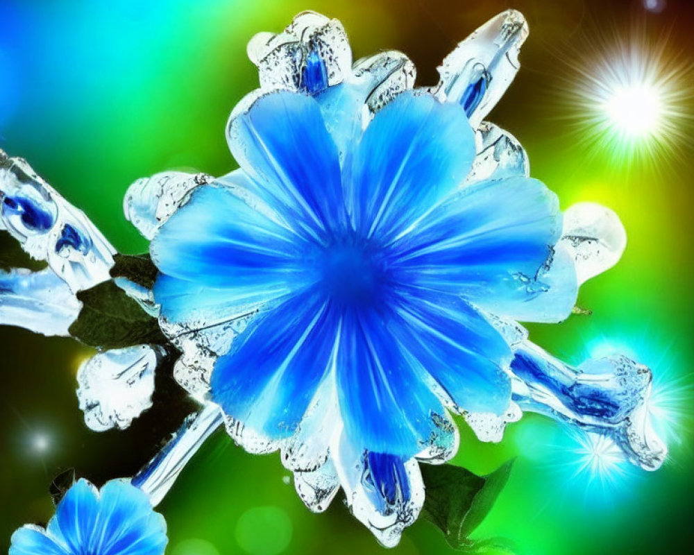 Blue Flower with Ice Crystals on Green and Blue Bokeh Background