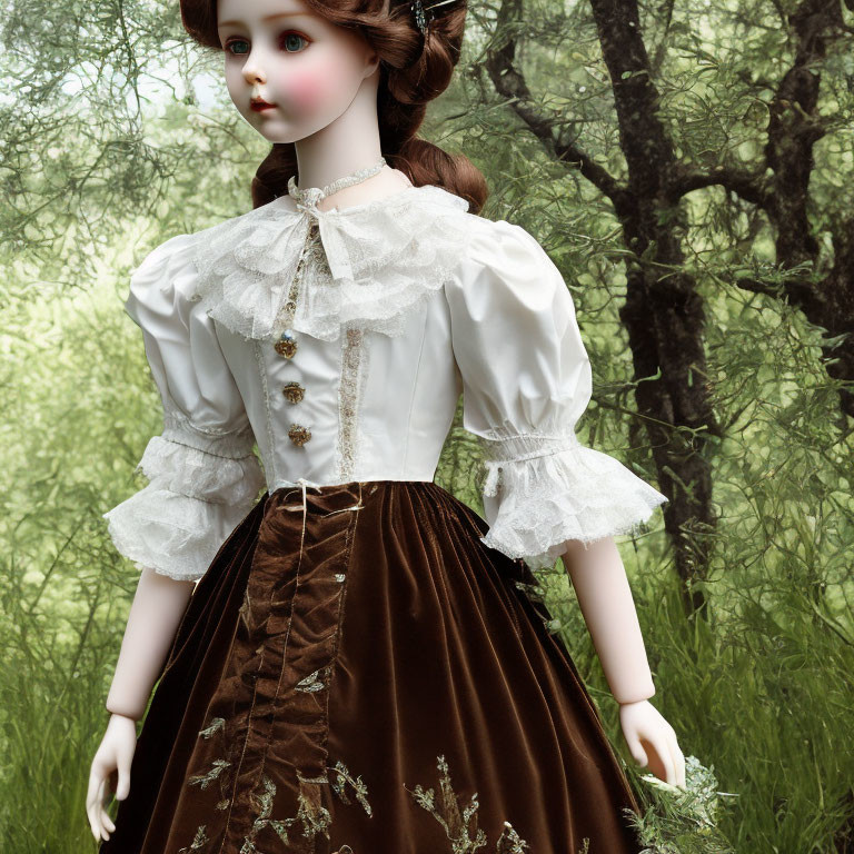 Victorian-style porcelain doll in brown skirt against leafy backdrop