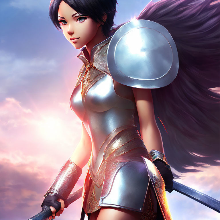 Female warrior digital art: silver armor, long sword, dark hair, purple cape, dramatic sky.