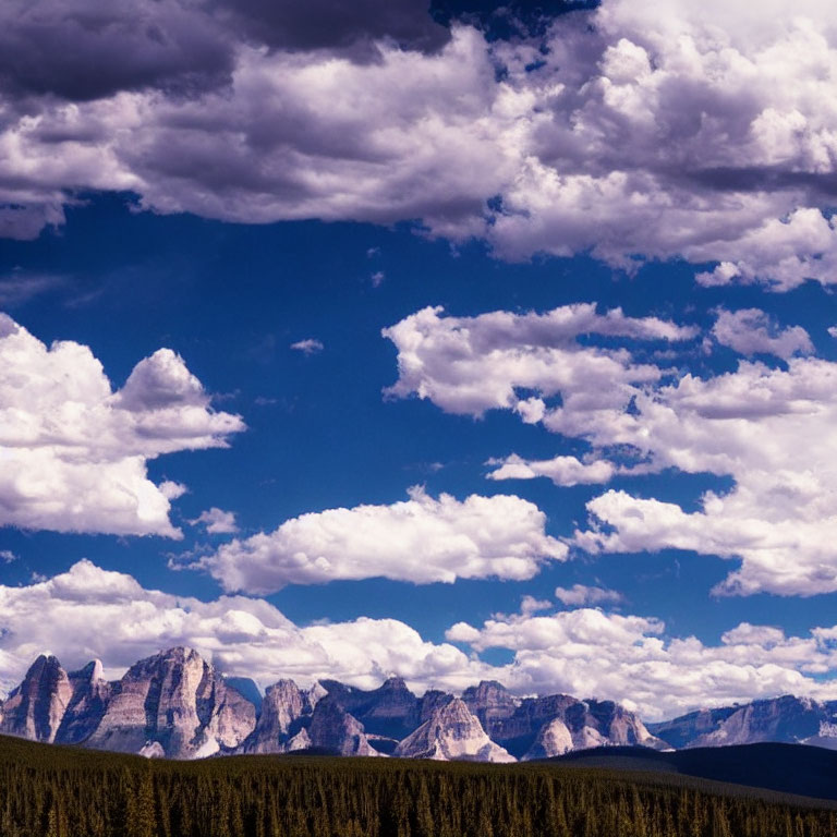 Majestic mountains under dramatic sky with fluffy clouds and dense forest.