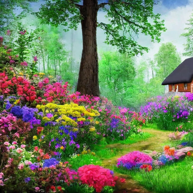 Colorful Flower Garden with Tree, Cottage, and Clear Sky