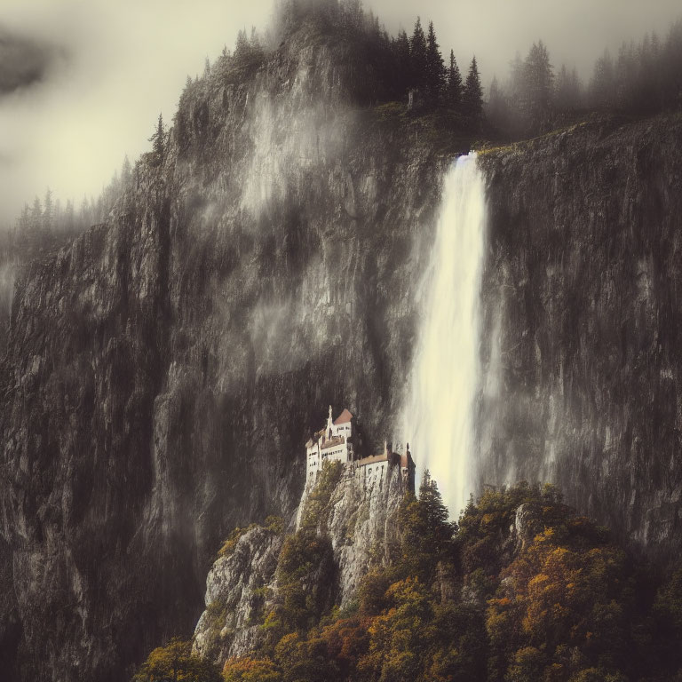 Misty landscape with waterfall, castle on rocky cliff, forested mountains