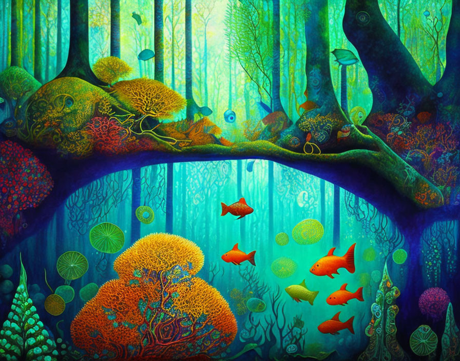 Colorful Fish in Whimsical Underwater Forest Scene