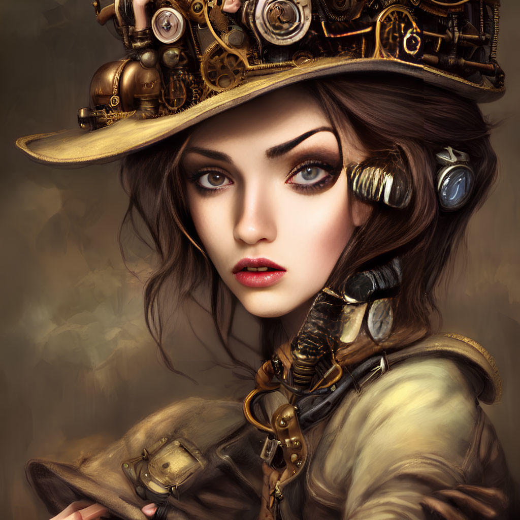 Woman in Steampunk Attire with Mechanical Hat and Earphones