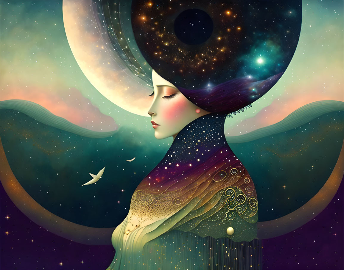 Surreal cosmic-themed woman with birds in dreamy landscape