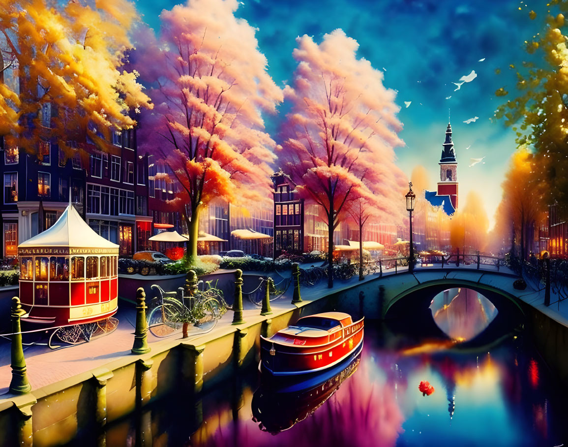 Illustration of Amsterdam canal at twilight with tram, boat, bicycles, pink trees, starry sky