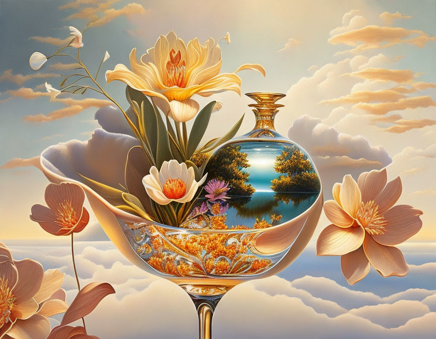 Glass vase with vibrant flowers in serene waterscape.