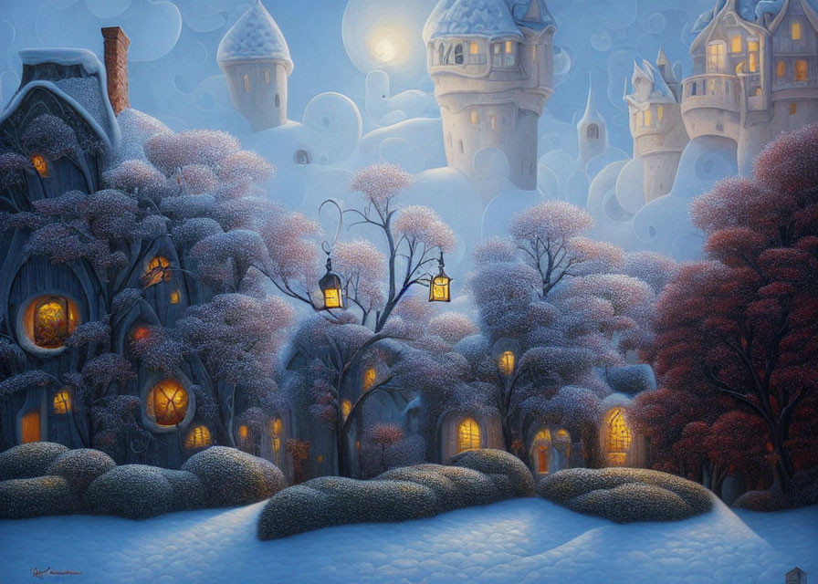 Snow-covered trees, glowing lanterns, and fantasy village under full moon