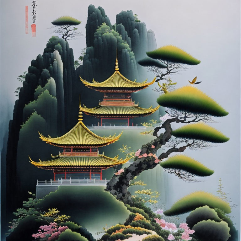 Traditional Chinese Painting: Towering Mountains, Pagodas, Trees, and Shrubs