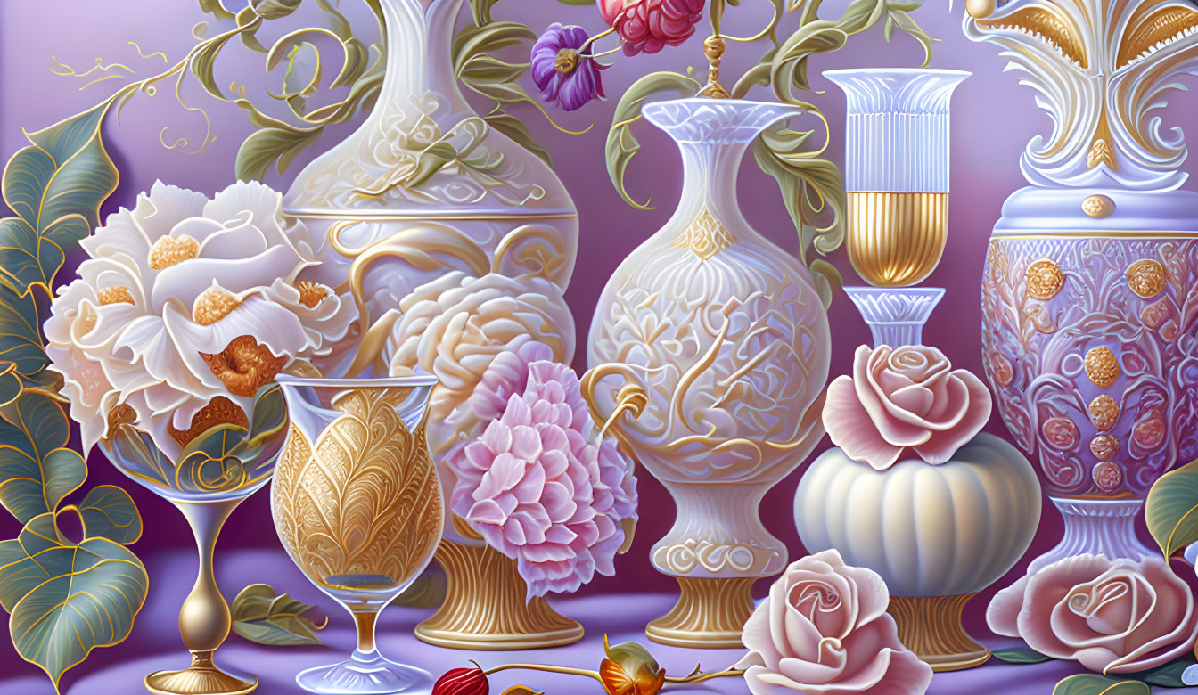 Symmetrical arrangement of ornate vases and glassware with floral motifs in purples and p