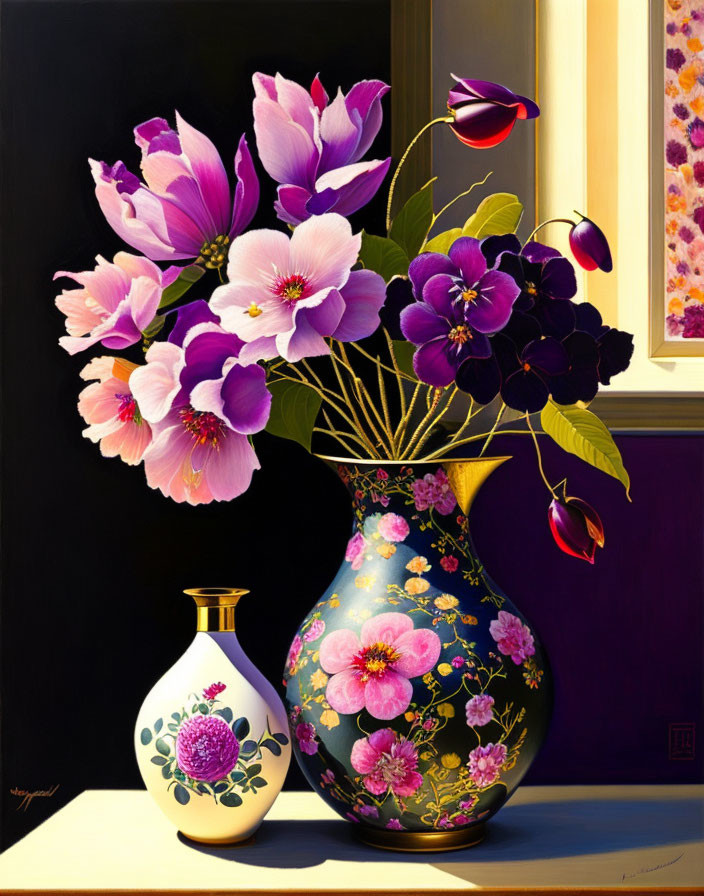 Colorful Floral Pattern on Black Vase with Purple and Pink Flowers