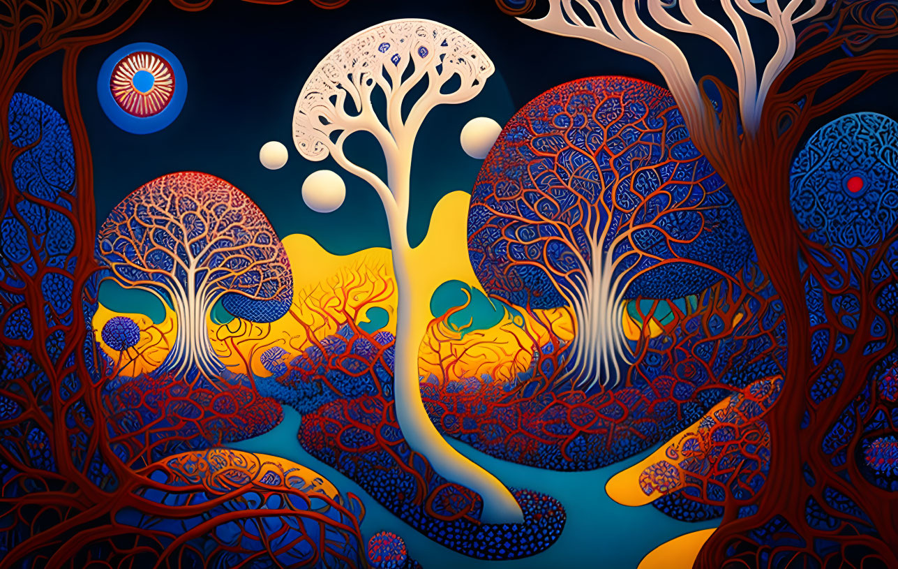 Colorful, intricate trees in stylized digital art against dark blue background