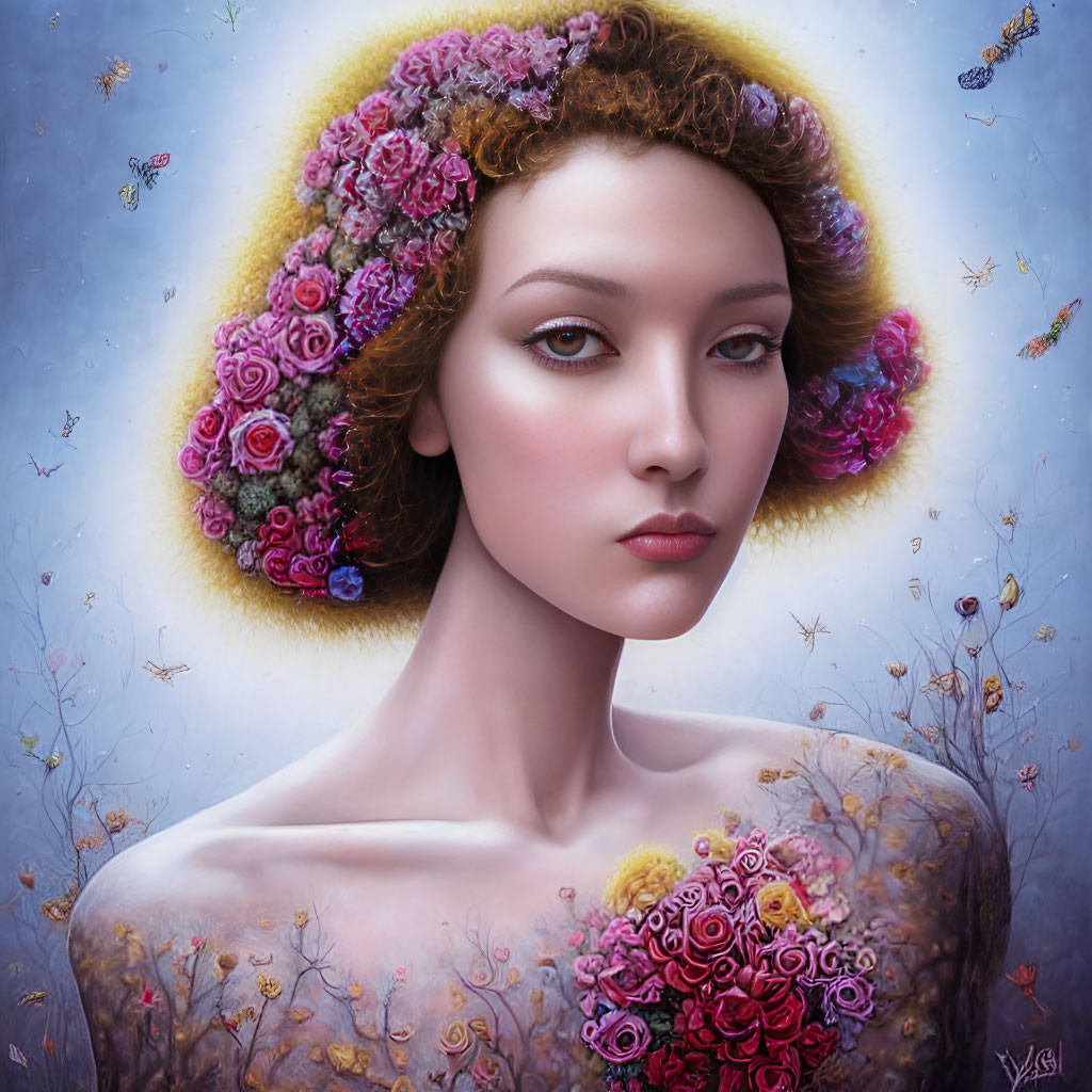 Portrait of Woman with Floral Hair and Bees in Ethereal Setting