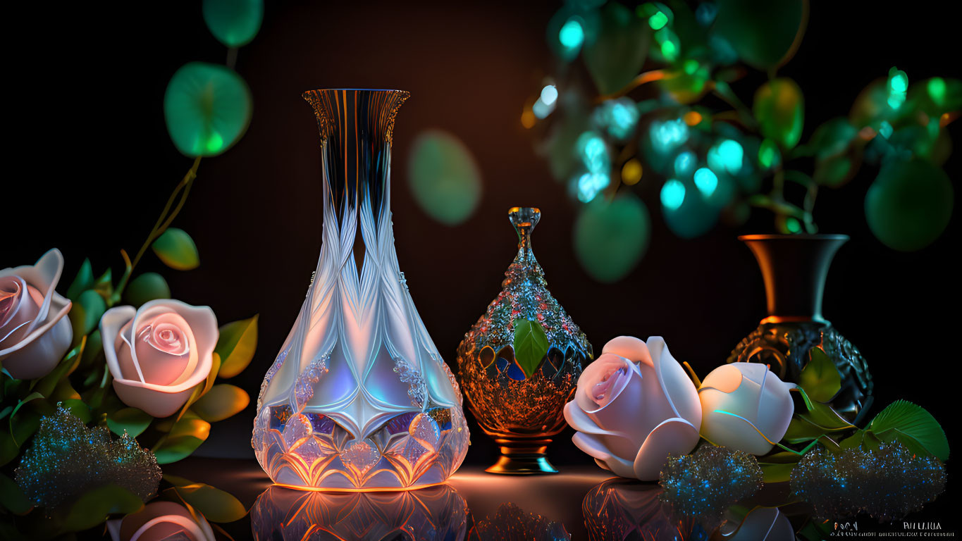 Digital art with glass vases, roses, and glowing orbs on reflective surface