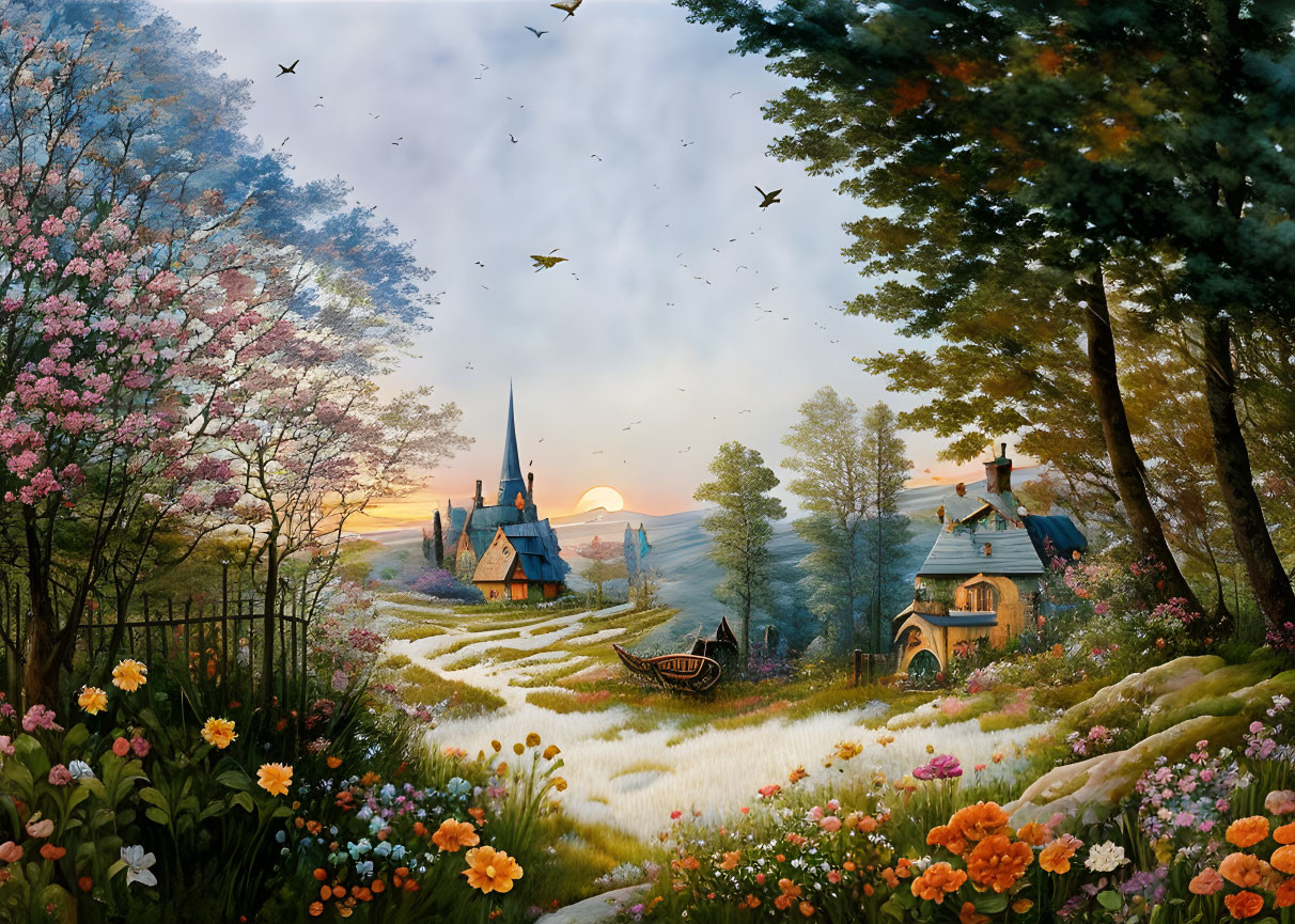 Scenic castle landscape with fields, blossoming trees, boat, and birds at sunset