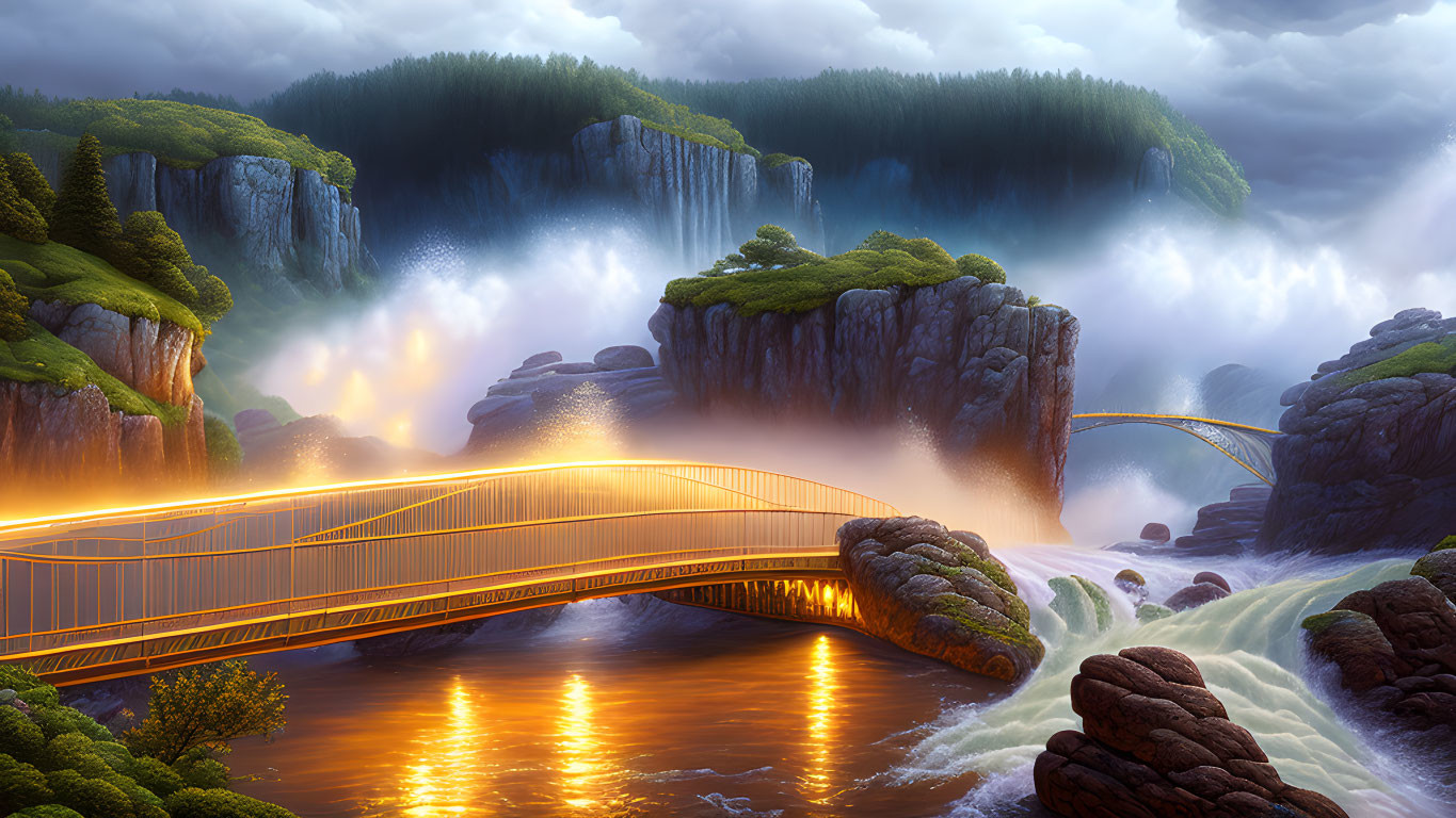 Golden bridges, luminous river, misty waterfalls in a fantastical landscape