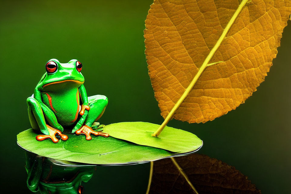 Colorful Frog Sitting on Leaf Against Dark Background