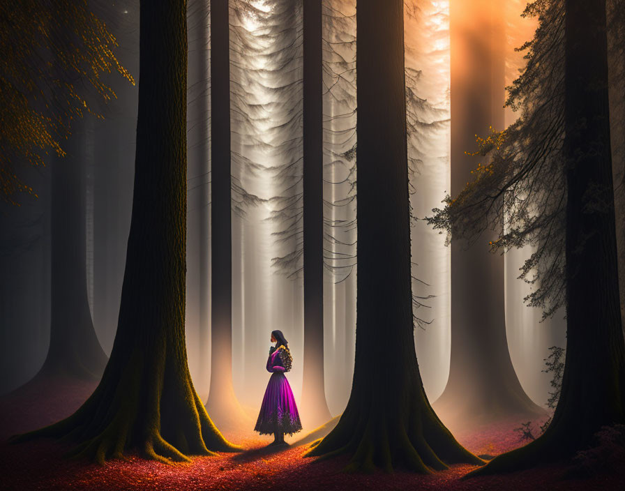 Person standing in misty forest with tall trees and red ground