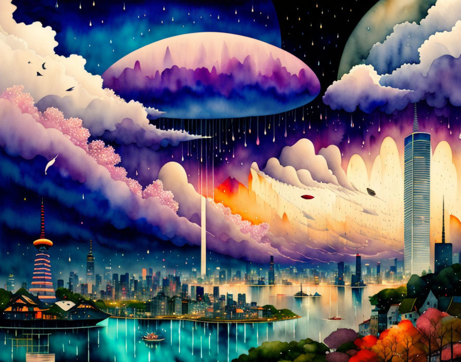 Colorful Clouds, UFOs, and Skyscrapers in Twilight Cityscape