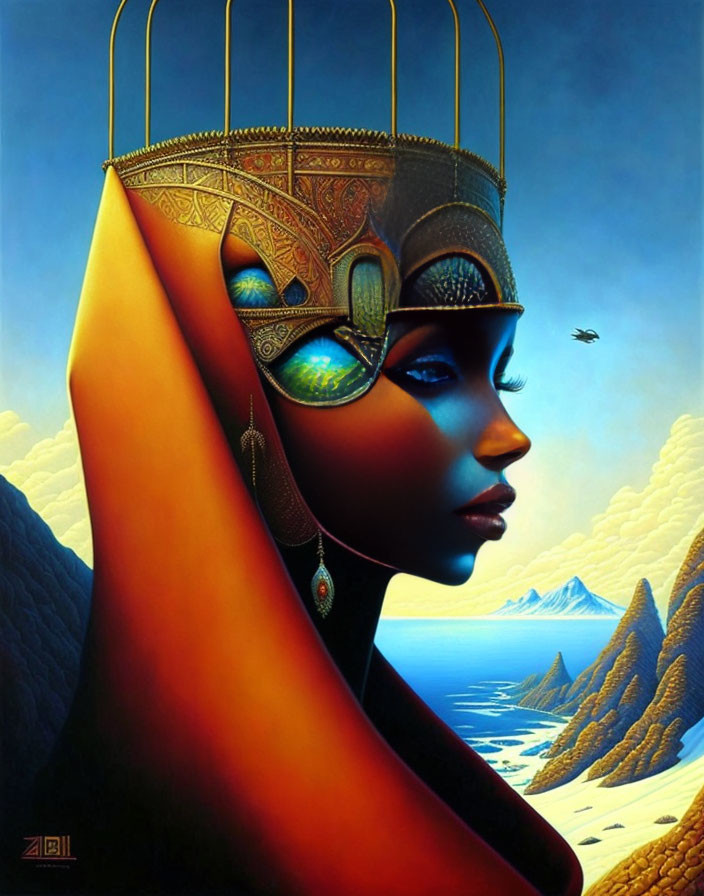 Surrealist portrait of woman with elongated neck and ornate headdress