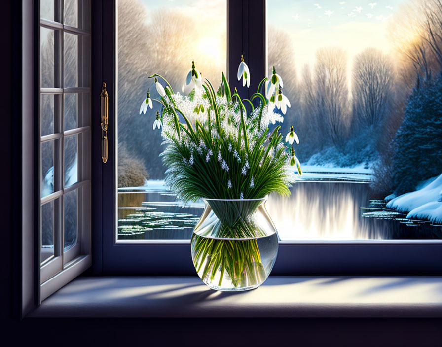 Snowdrop Flowers in Vase with Winter Sunrise Landscape