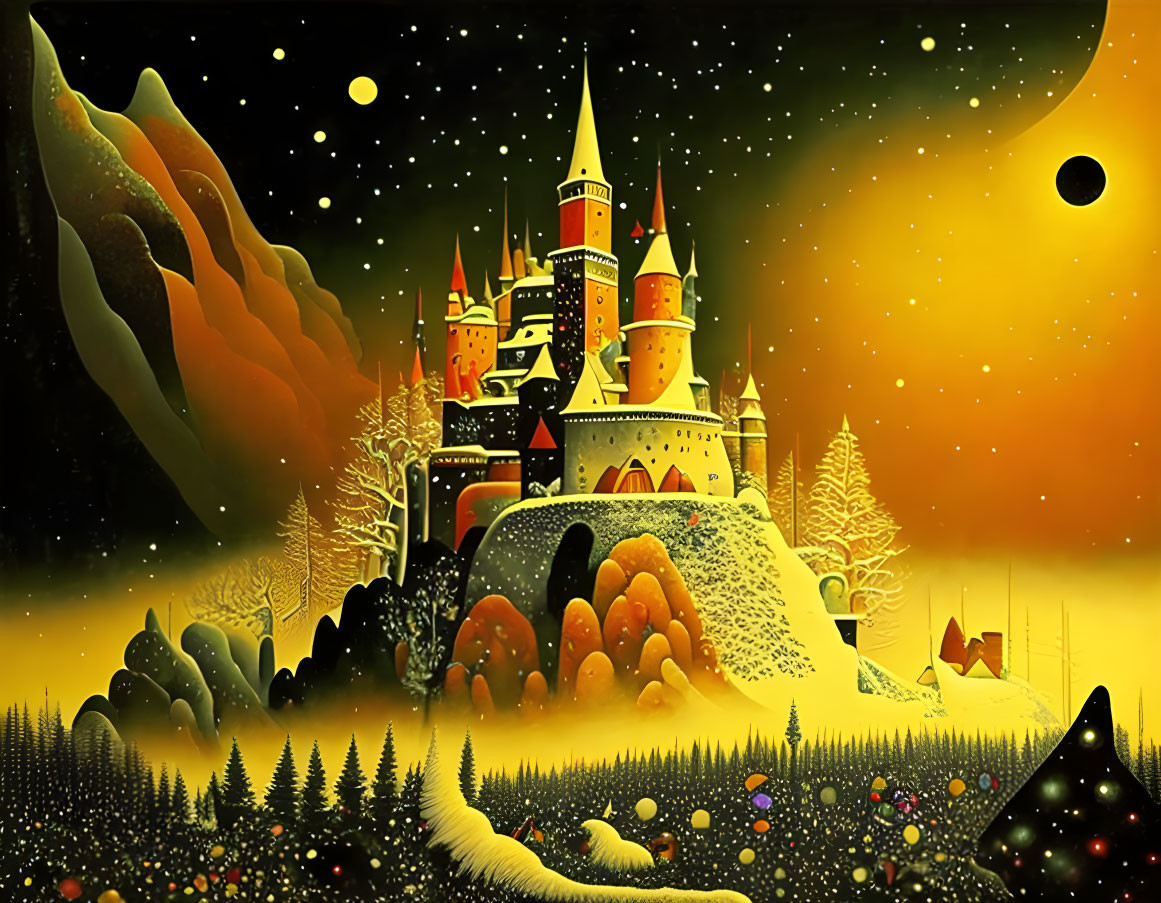 Brightly-lit castle in snowy fantasy landscape under starry sky