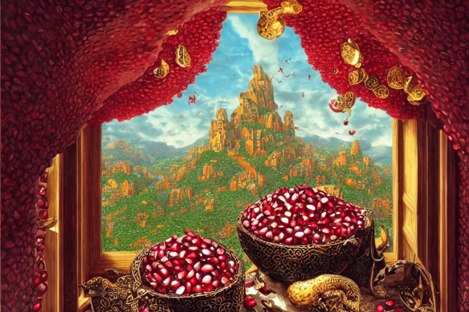 Fantastical scene with jewels, golden snake, and majestic castle in vibrant landscape