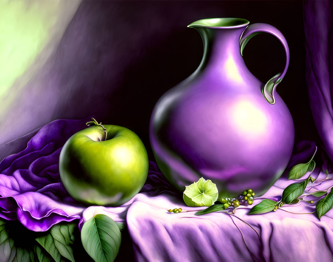 Vibrant green apple, purple pitcher, ivy leaves on draped fabric