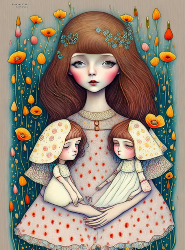 Stylized illustration of girl with large eyes and figures amidst orange flowers