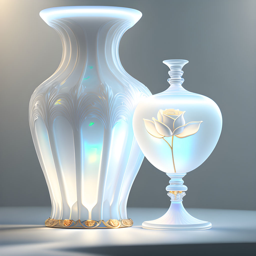 Ornate luminescent vases: tall and round with rose design on grey background