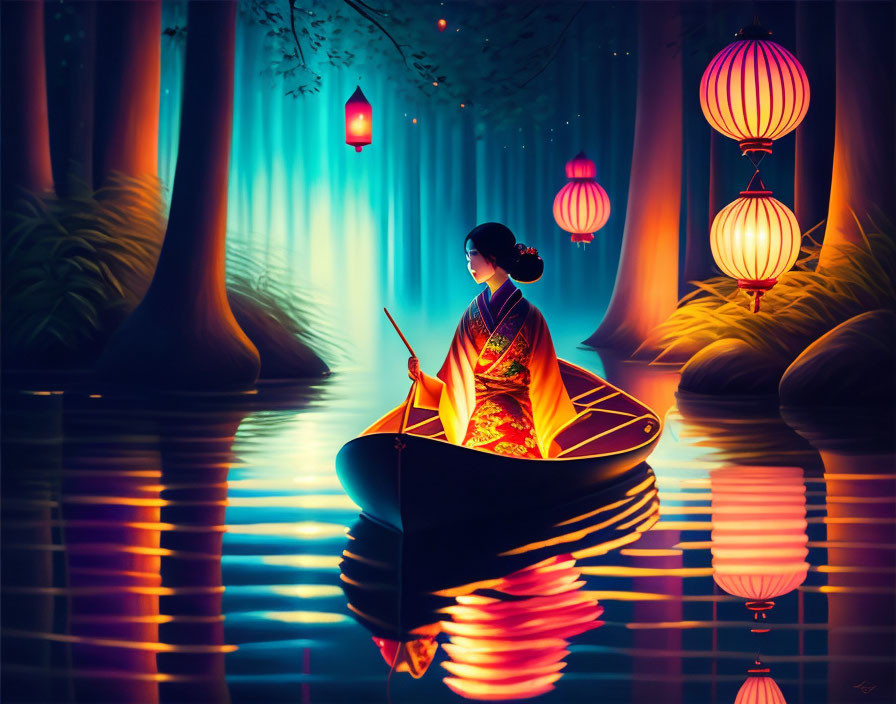 Traditional Outfit Woman Rowing Boat in Twilight Scene