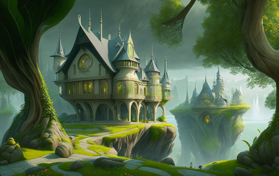 Fantastical landscape with floating island, fairy-tale house, forest, and distant castles