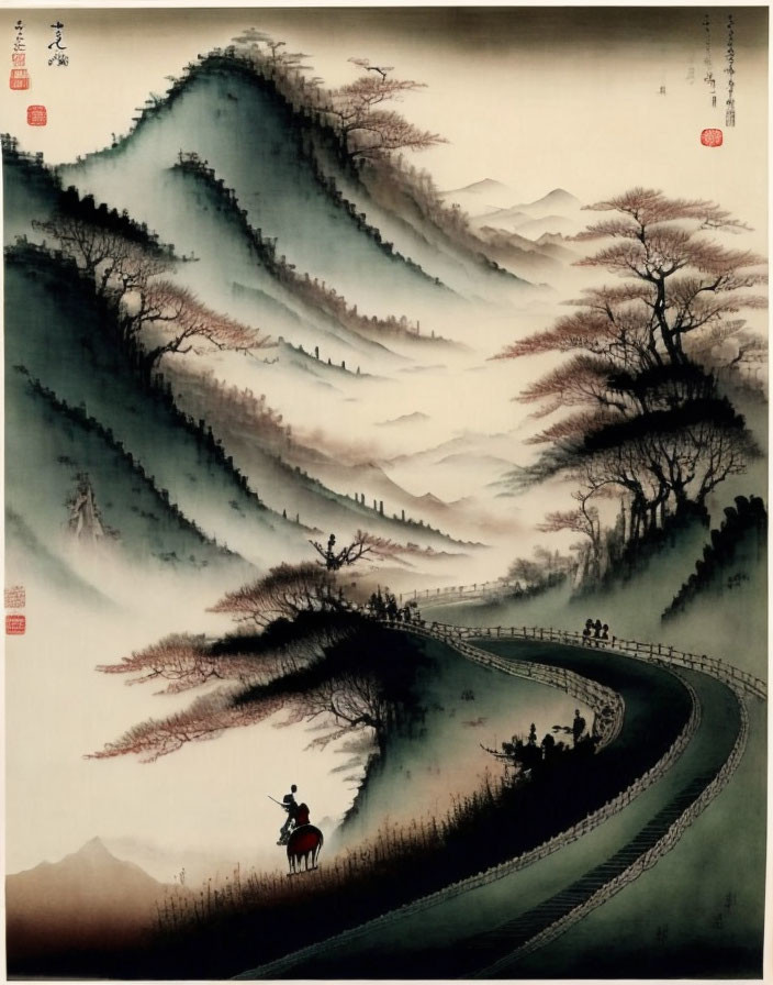 East Asian Landscape Painting with Misty Mountains, Winding Road, Figures, Autumn Trees, and Deer