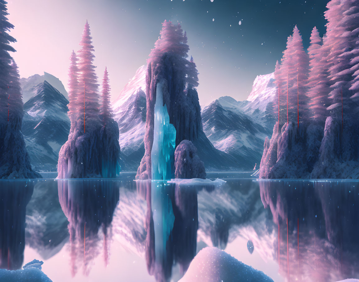 Tranquil winter landscape with pink-hued snow, pine trees, icy rocks, lake, star